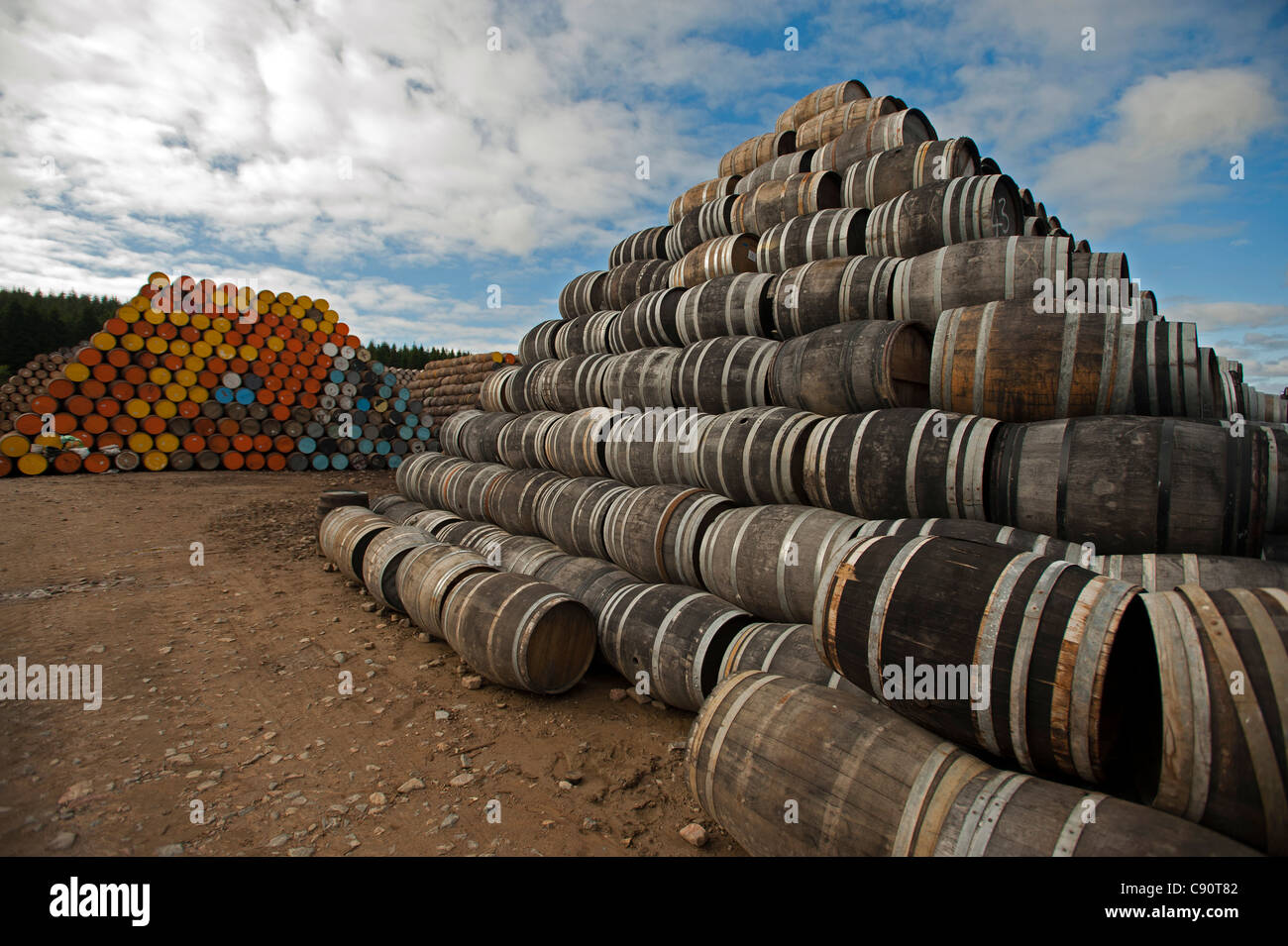 Empty oak barrels at Speyside Cooperage, Craigellachie, Aberdeenshire, Scotland Stock Photo