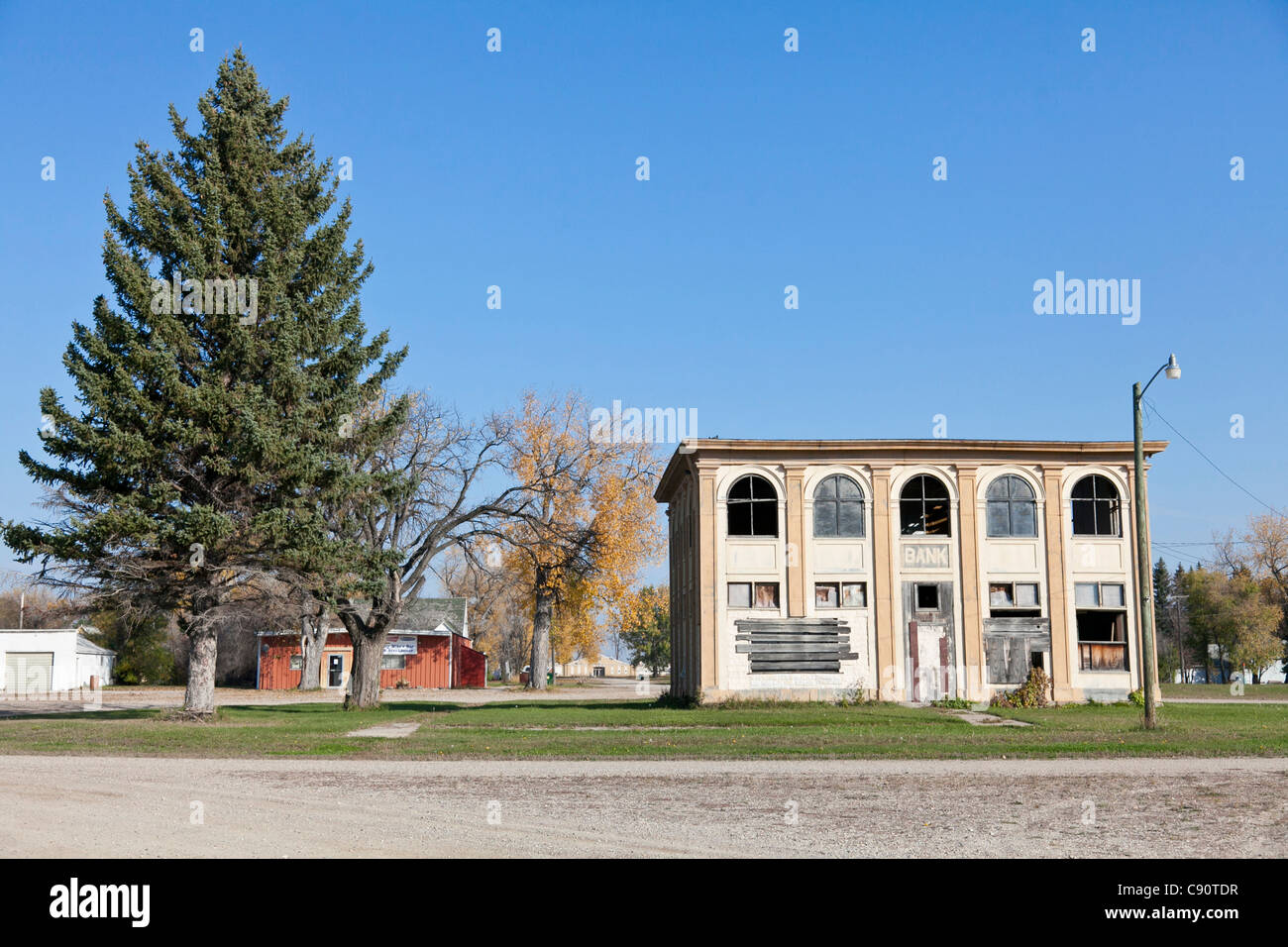 Abandoned bank building in a small city, shrinking cities, Maxbass, Minot, North Dakota, United States of America, USA Stock Photo
