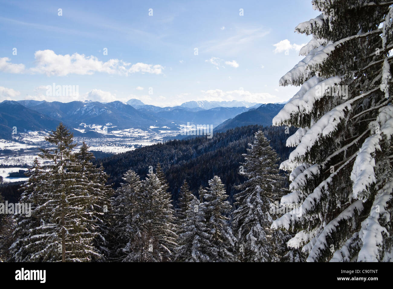Winter scenery in the Bavarian Alps, view into the Isar Valley, Upper Bavaria, Germany, Europe Stock Photo