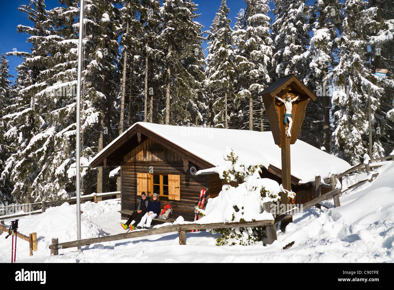Skiing hut on Hoernle mountain in the sunlight, Ammergau Alps, Upper
