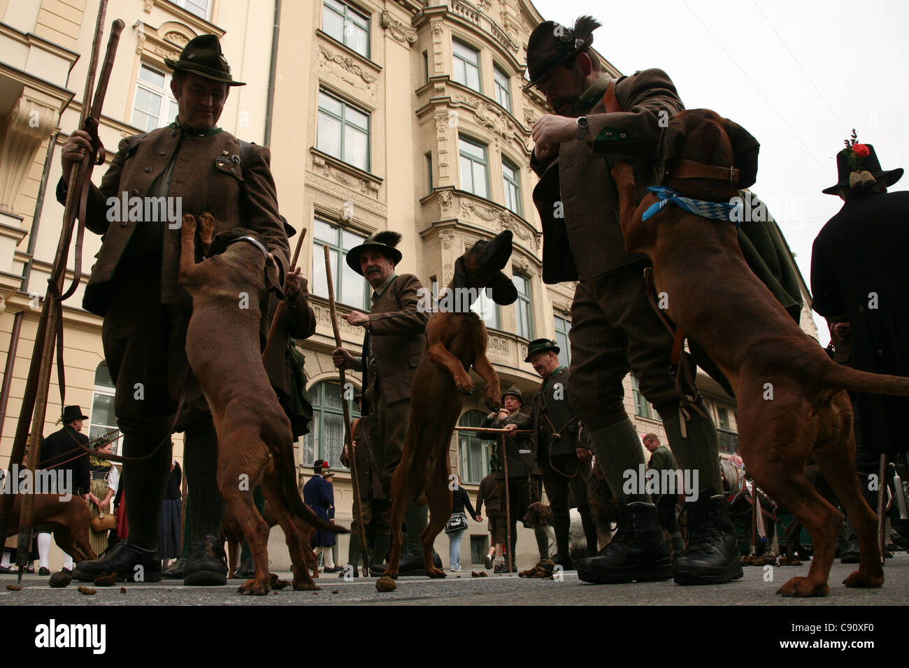 Bavarian hunters and their dogs at the opening ceremony of the