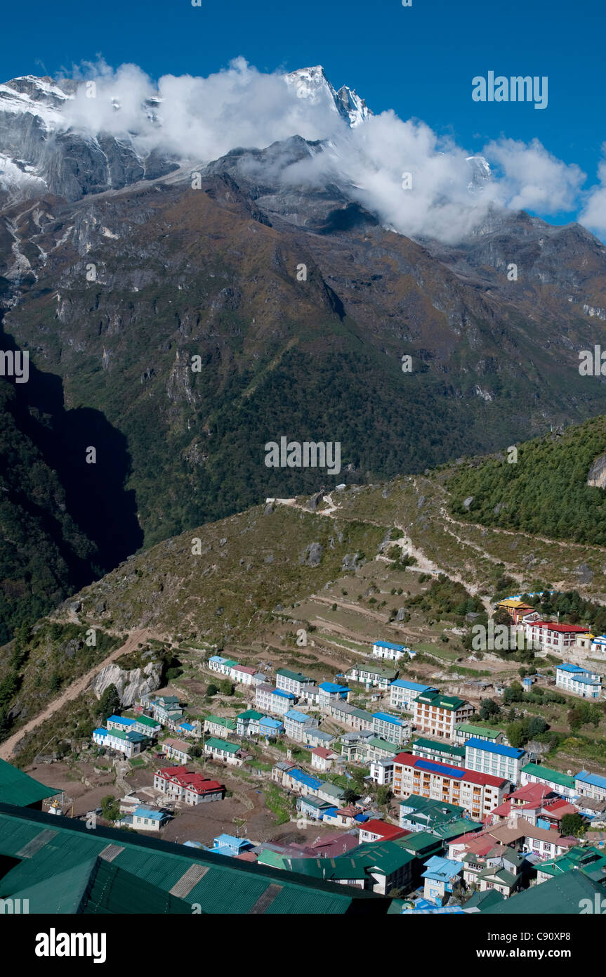 Namche Bazaar is a village in the Khumbu region on the route to Everest base camp and caters for the regular traffic of Stock Photo