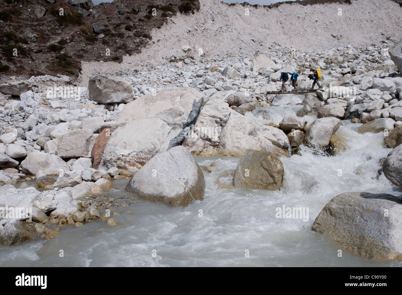 The rivers of the Solu Khumbu are fast flowing with meltwater running off the high peaks of the region. Stock Photo