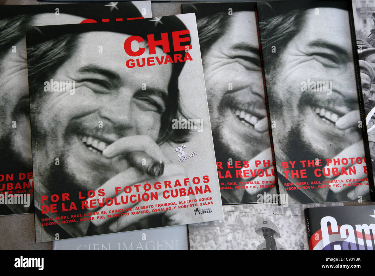 Che Guevara in the photographs of Cuban revolutionary photographers. Books in a souvenir shop in the Vinales Valley, Cuba. Stock Photo