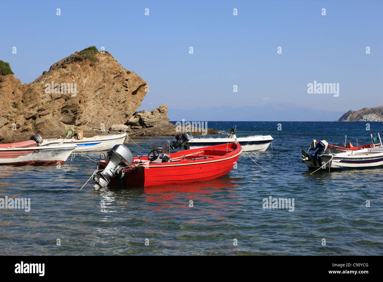 Boats in a bay on Evia the second largest Greek island Stock Photo