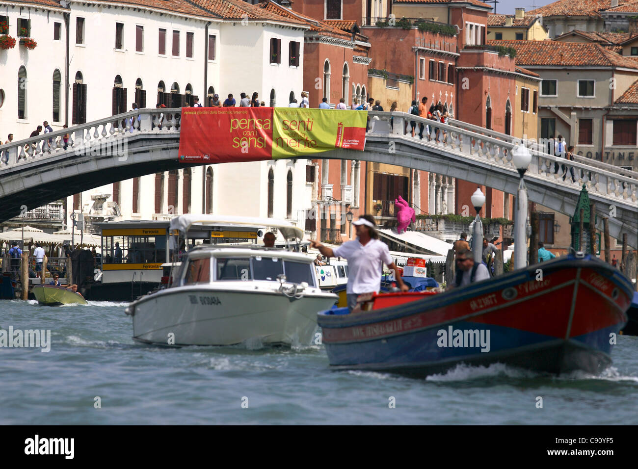 Boats on the Canal Grande Ferrovia Bridge Venice Italy Stock Photo