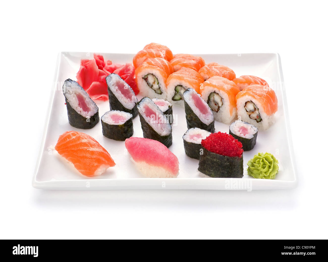 Japanese food sushi and roll in plate on white Stock Photo