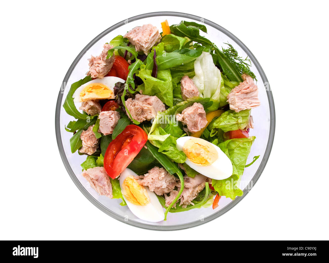 Salad with tuna fish boiled egg and vrgrtable on white Stock Photo