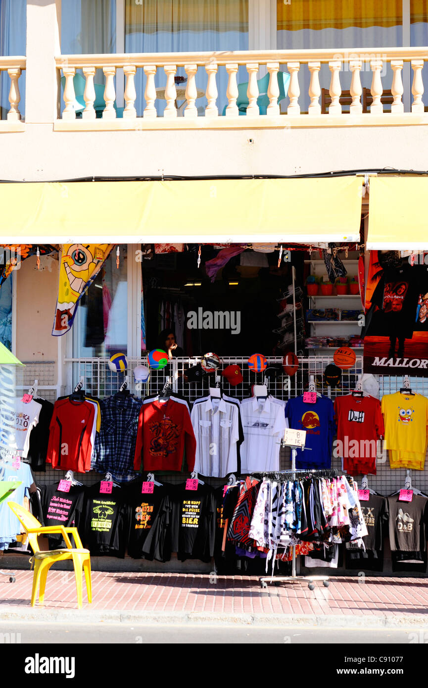 Tourist shop selling football shirts in Arenal, Mallorca Stock Photo