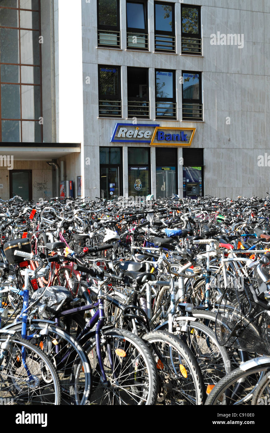 Parked Bicycles outside the Hauptbahnhoff Mainstation, Heidelberg Baden Wurttemberg Germany Stock Photo