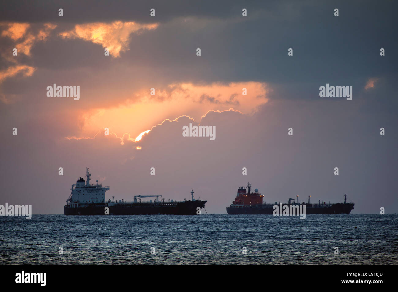 The Netherlands, Oranjestad, Sint Eustatius Island, Dutch Caribbean. Oil tankers. Stock Photo