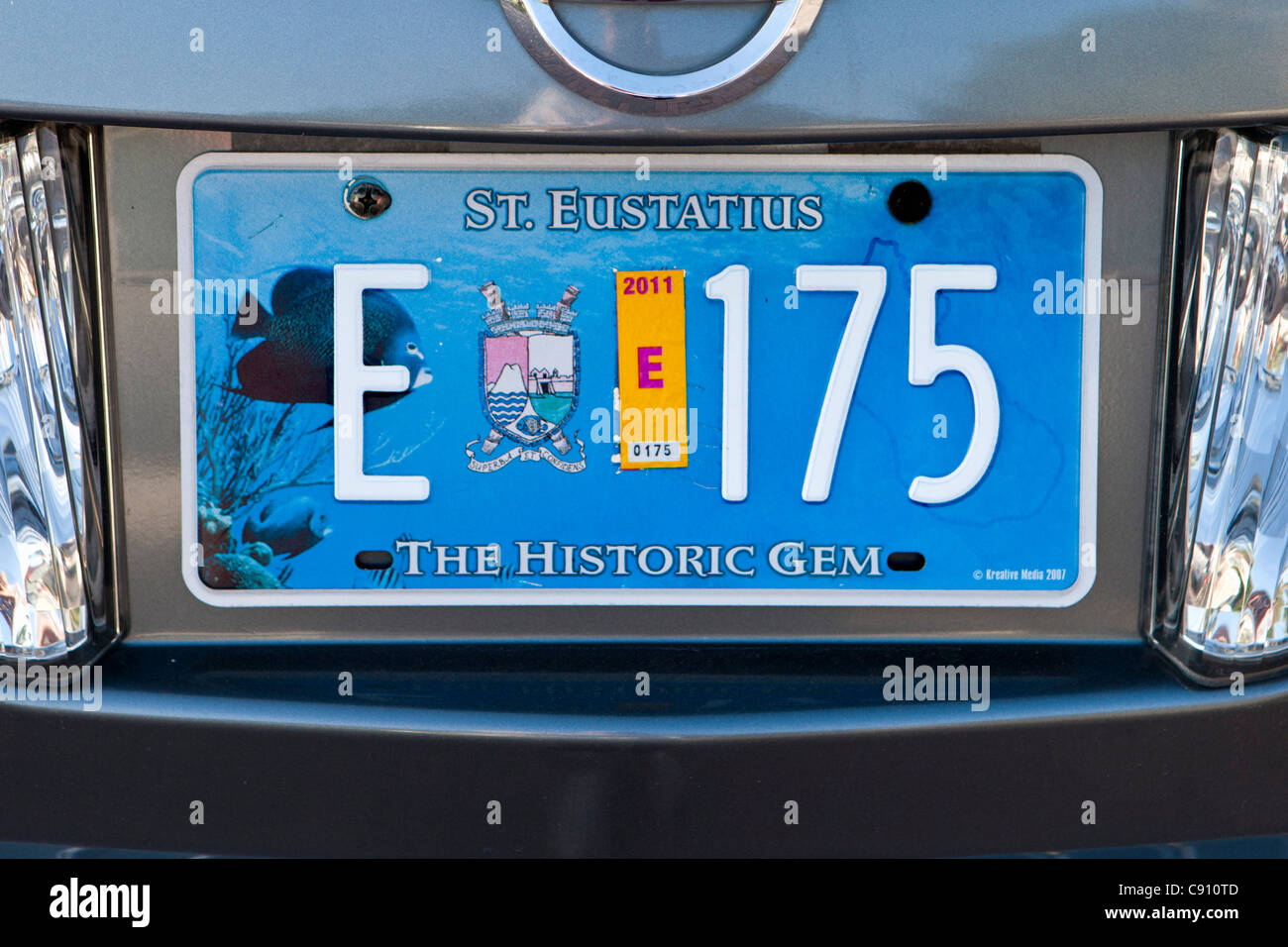 Oranjestad, Sint Eustatius Island, Dutch Caribbean. Number or license plate with the island's nickname The Historic Gem. Stock Photo