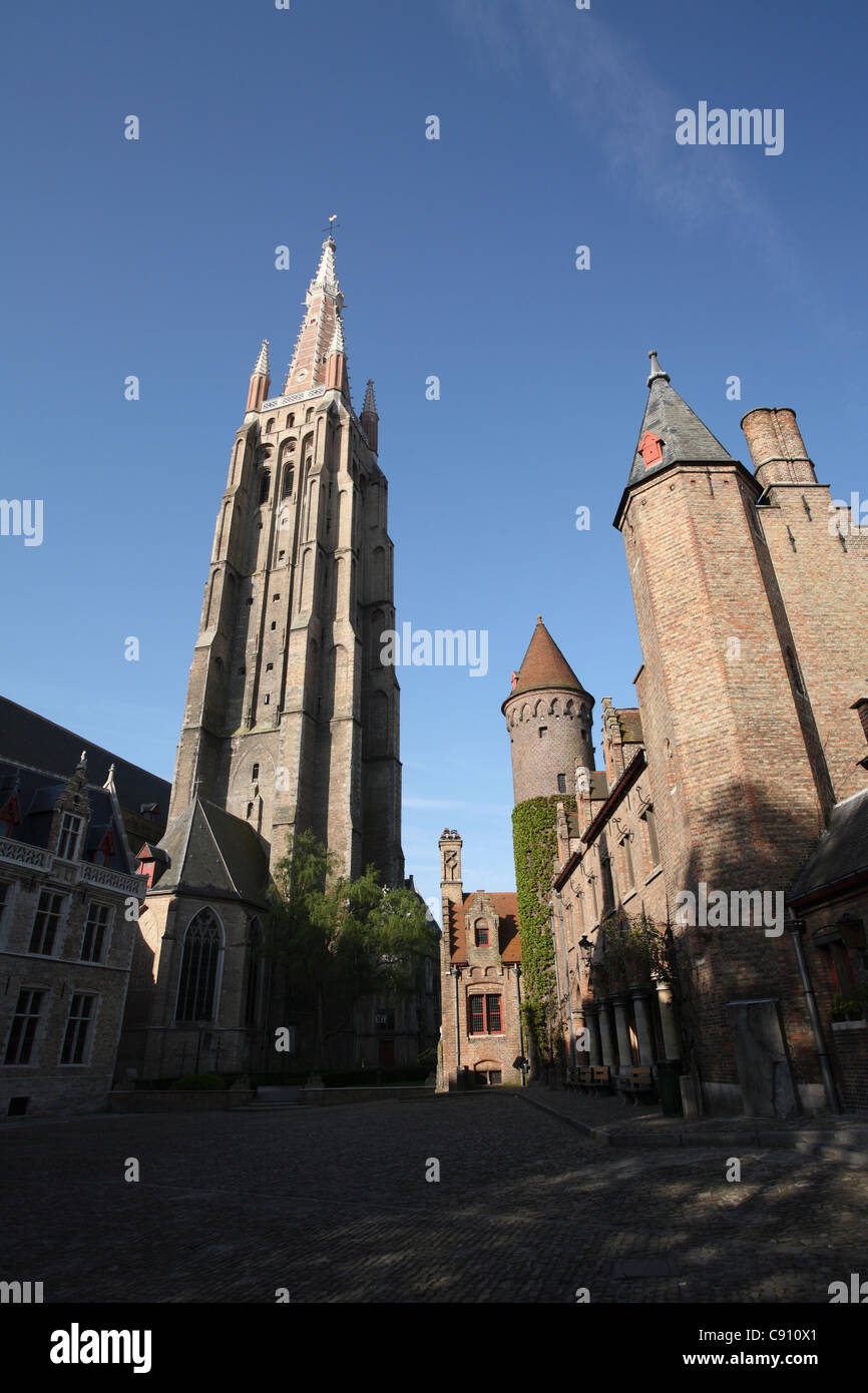 The tower of the Church of our Lady in Bruges is 122.3 meters high and it is the tallest structure in the city and the second Stock Photo