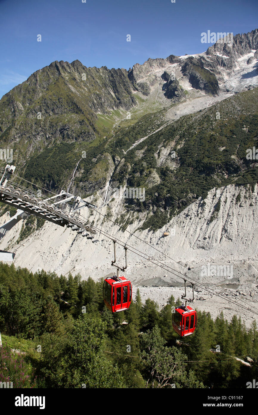 there is a cable car ride up the Chamonix valley via Montenvers to the Mer de Glace glacier which is retreating or recending Stock Photo