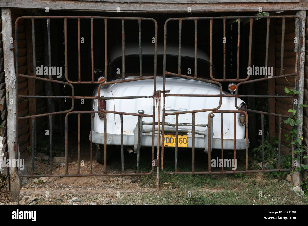 Classic American car in the garage in the town of Vinales, Cuba. Stock Photo