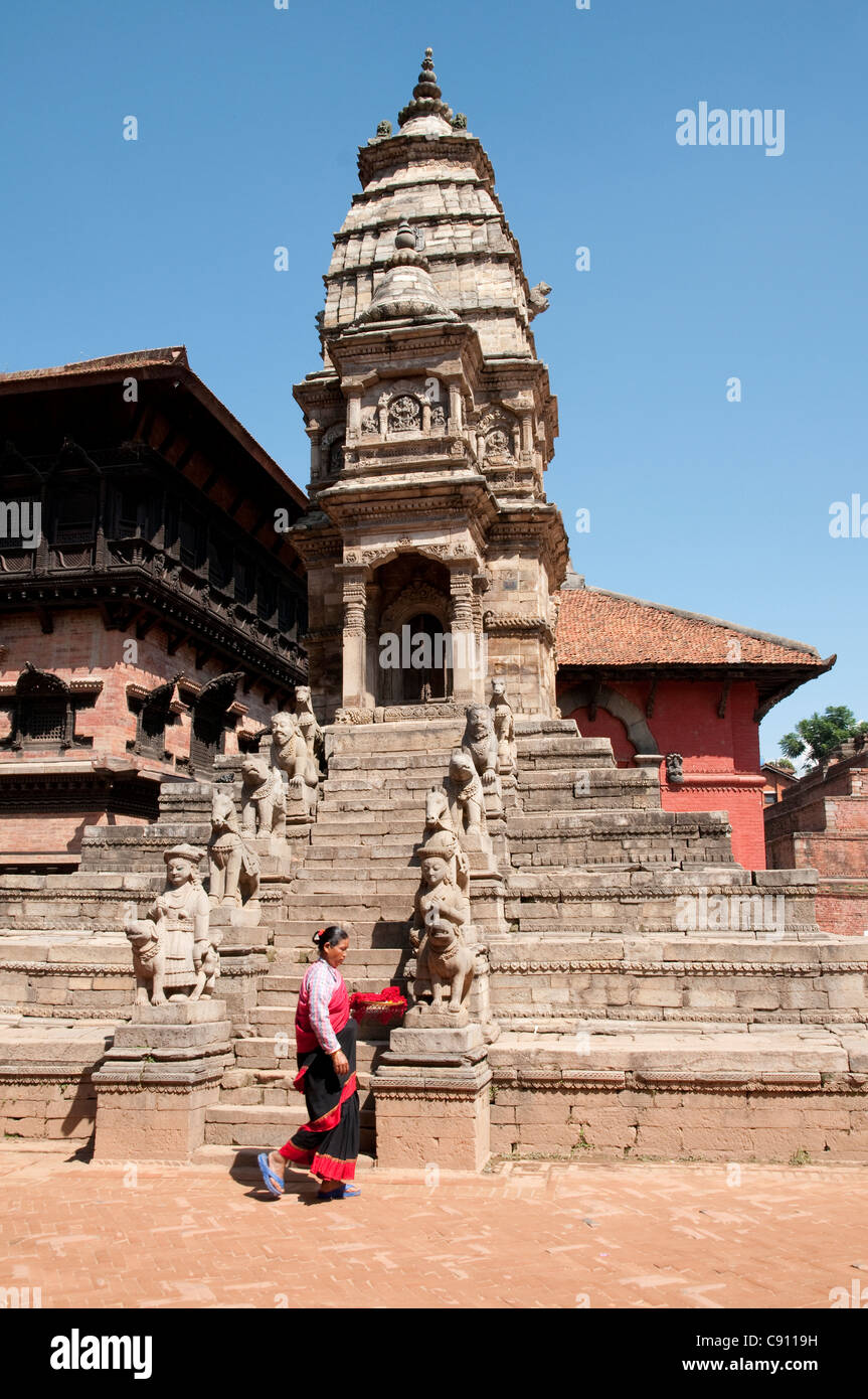 Bhaktapur is a busy city on a trading route through the mountains of Nepal. There are large historic holy temples in the city. Stock Photo