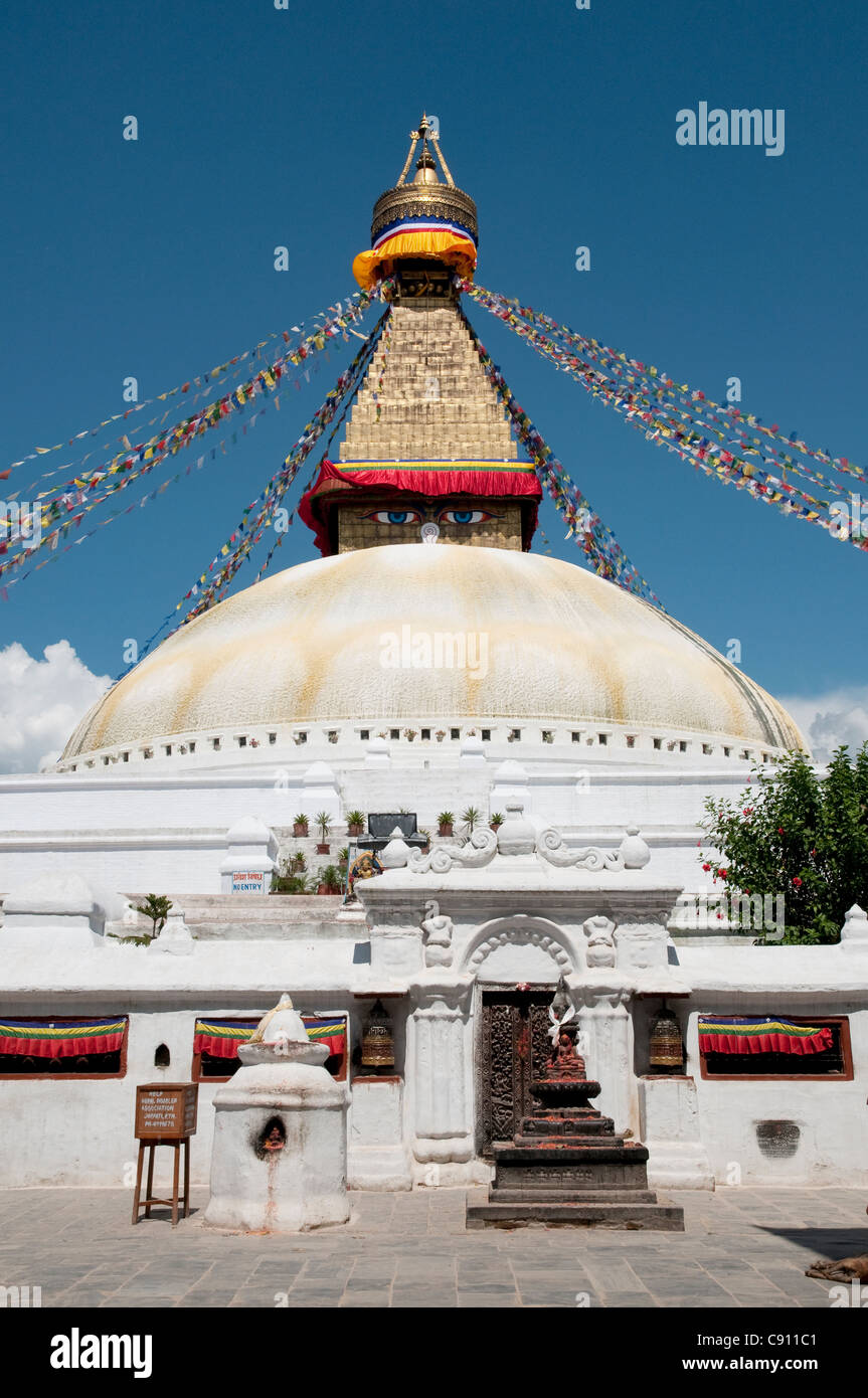 Boudhanath or Bodhnath temple is one of the holiest Buddhist sites in Kathmandu and a UNESCO world heritage site. The Stock Photo