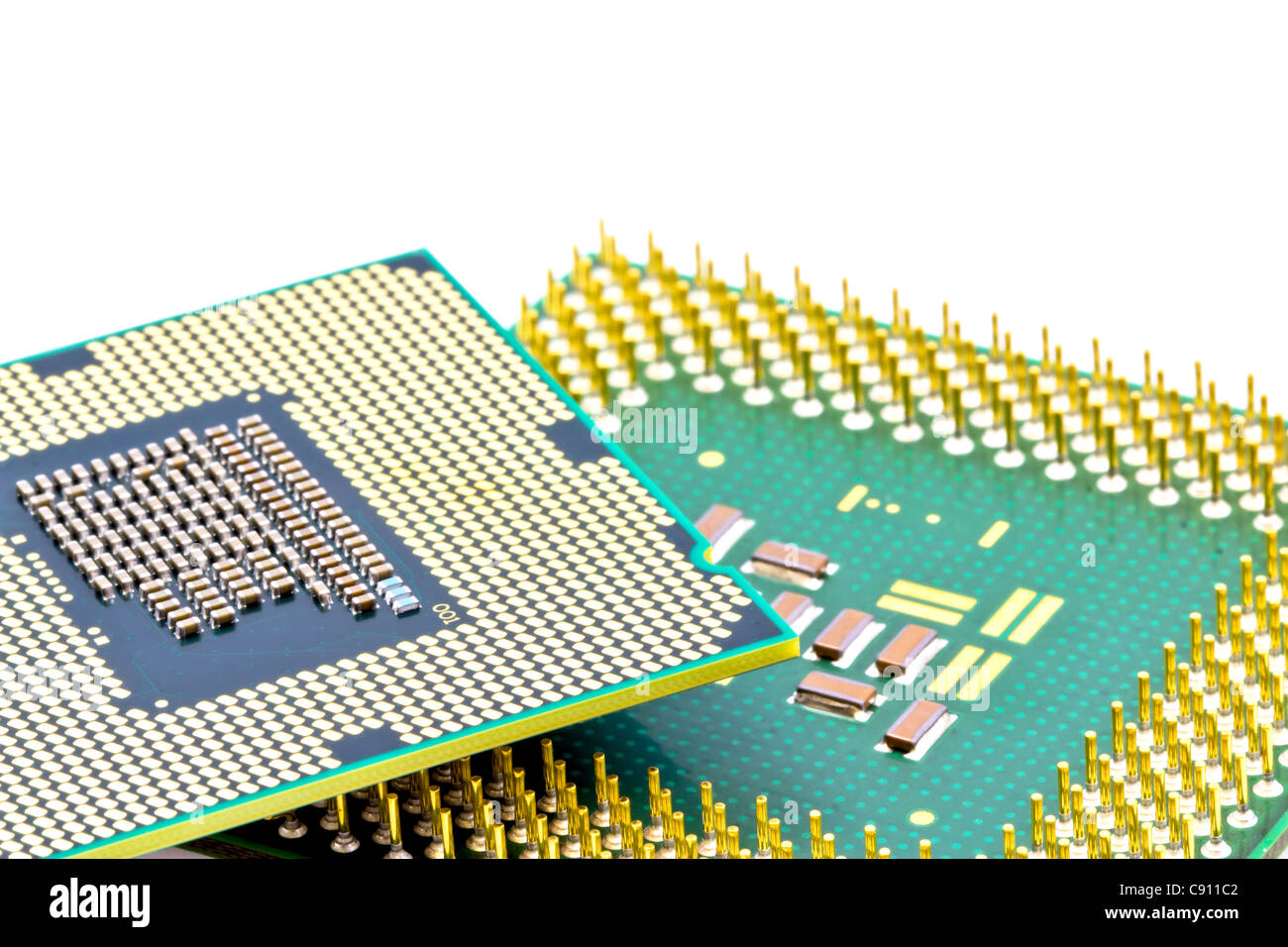 SMD components on bottom of the new and old PC processors Stock Photo