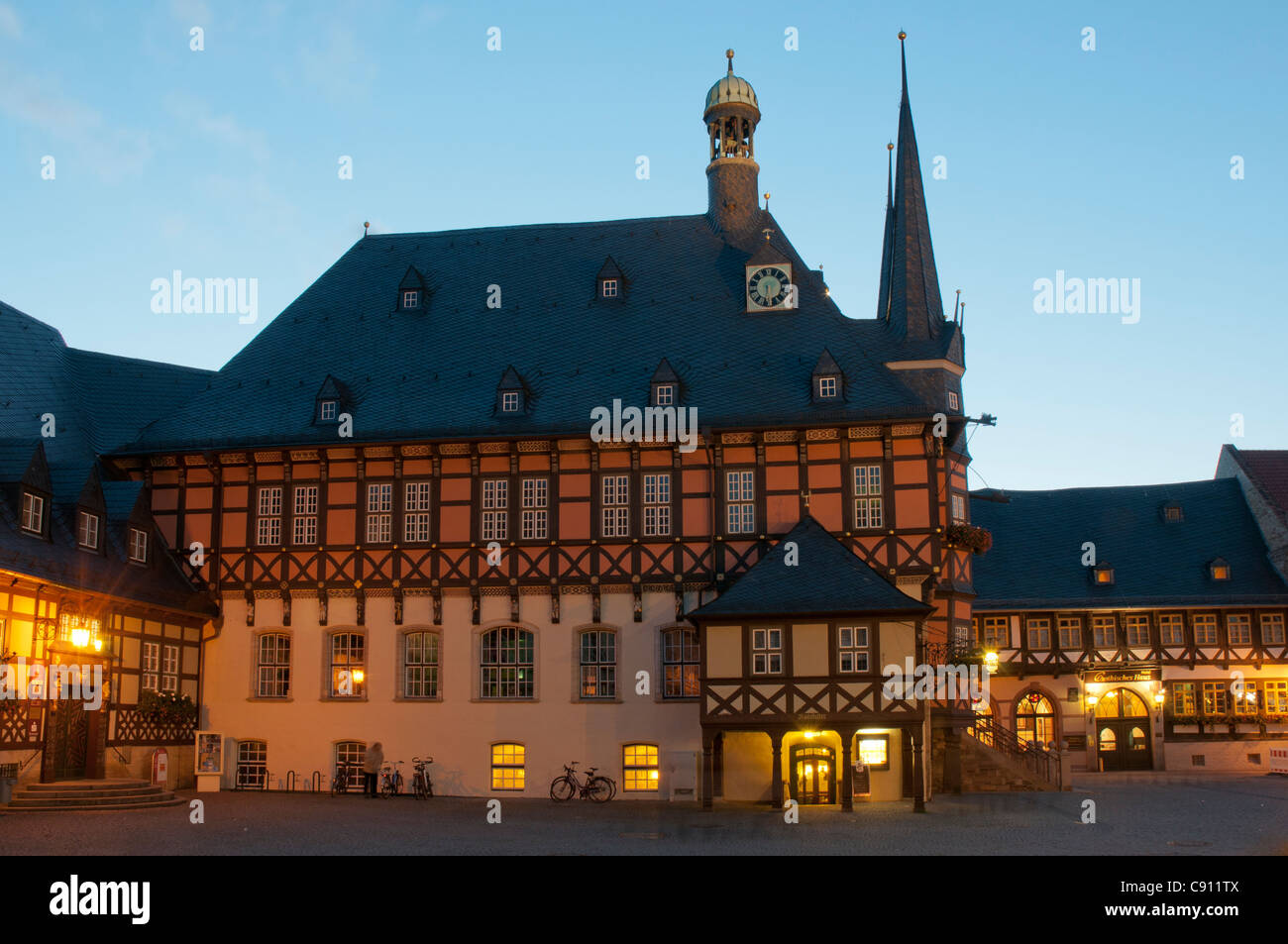 Wernigerode Town Hall and market place at night, Harz, Saxony-Anhalt ...