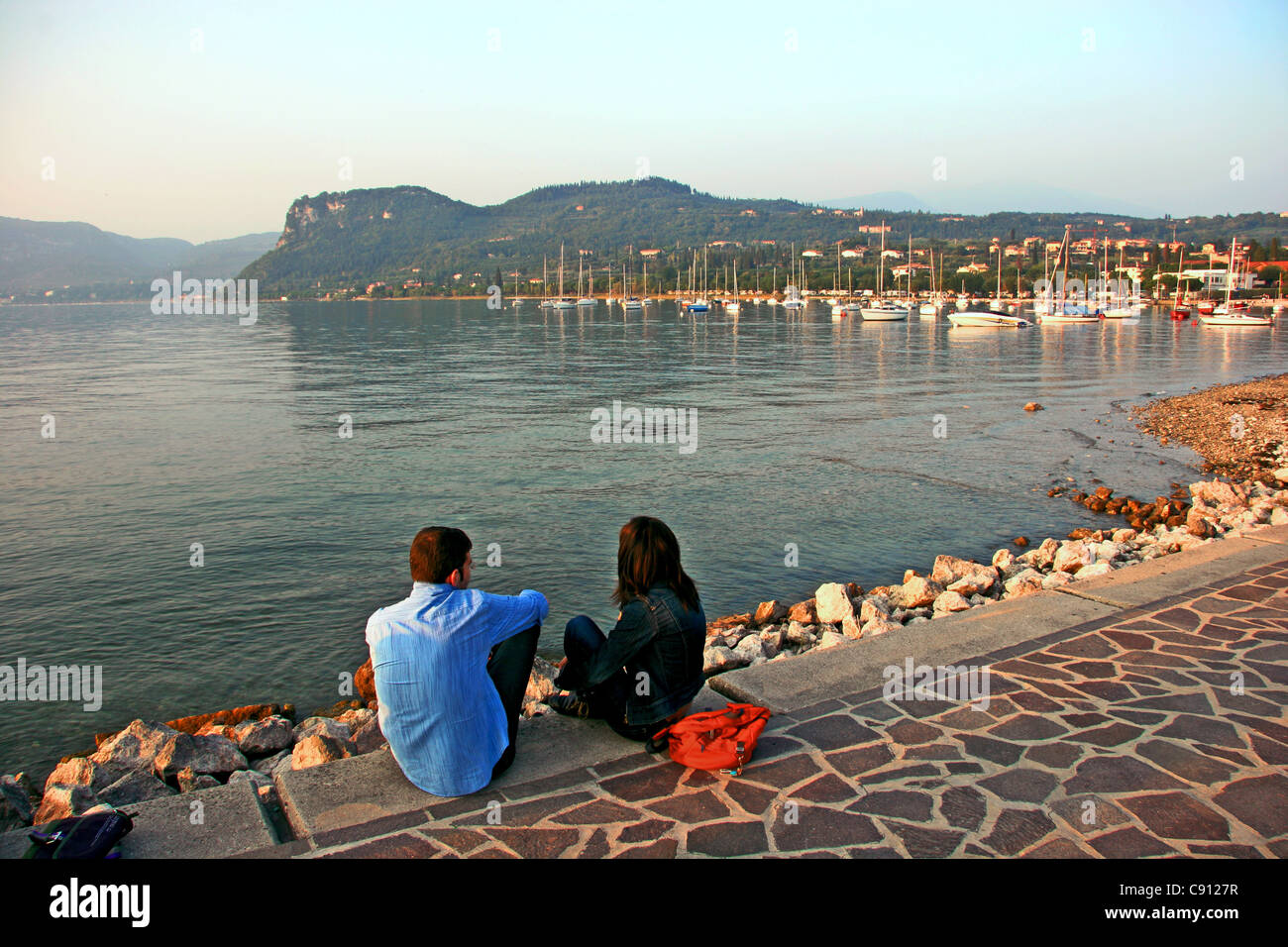 The coast of Lake Garda from the small village of Garda and Bardolino. Stock Photo