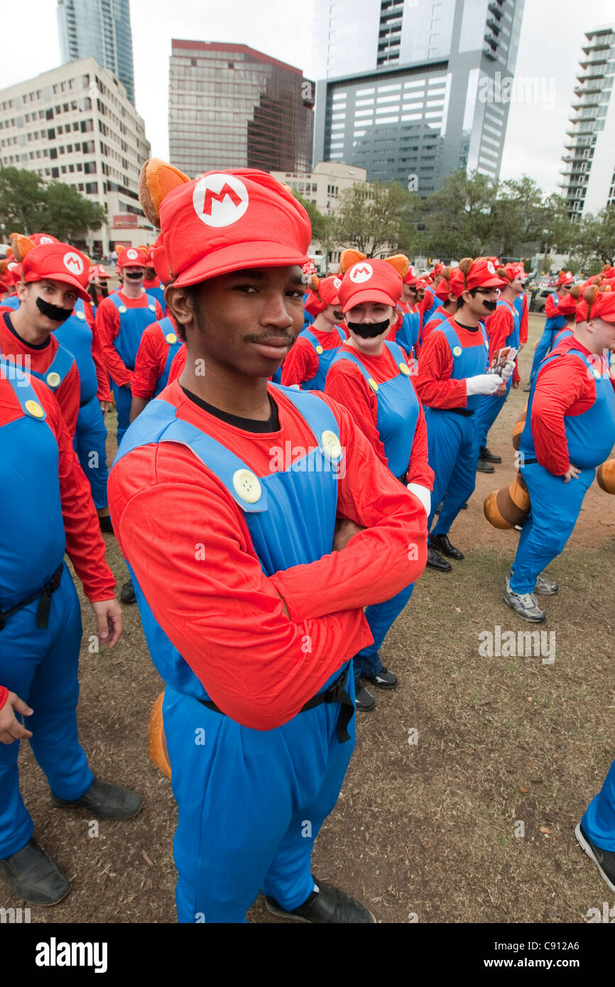 Diverse group of people hired for a flash mob marketing campaign by Nintendo to promote Super Mario 3D Island, a new video game Stock Photo