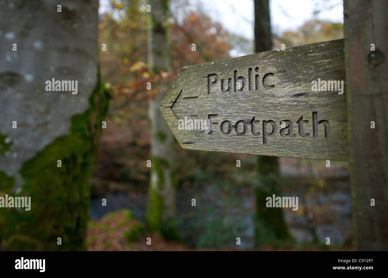 A wooden sign pointing the way to a public footpath Stock Photo