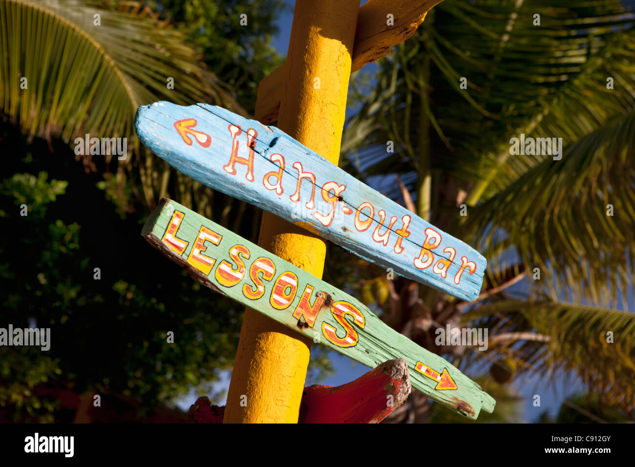 The Netherlands, Bonaire Island, Dutch Caribbean, Kralendijk, Surfbeach. Signboard. Wind surfing at Lac Bay. Stock Photo