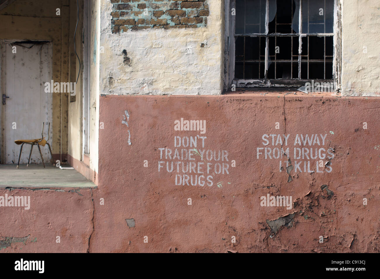 There Are Anti Drug Slogans Painted On Derelict Buildings In The City Stock Photo Alamy