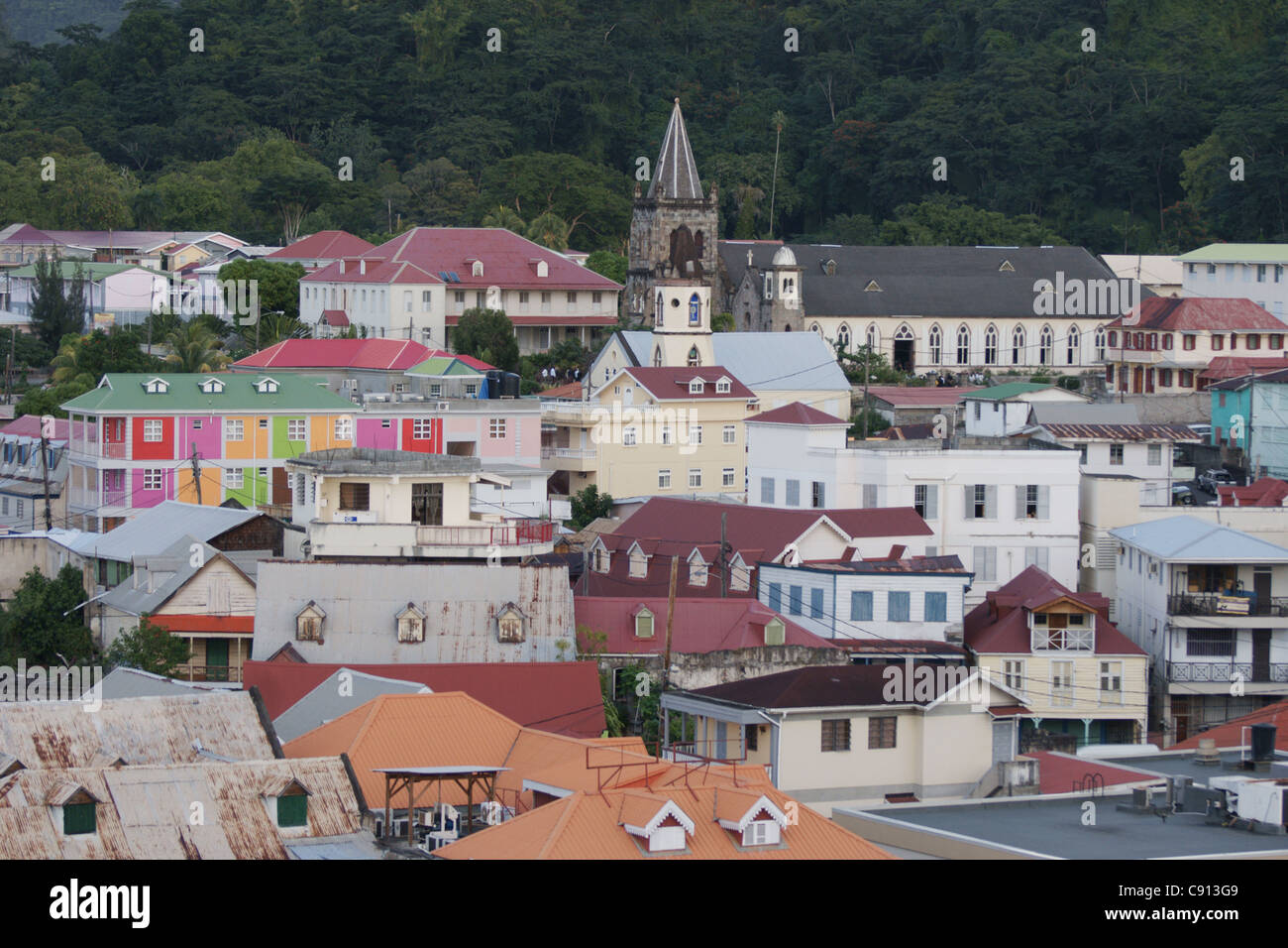 Roseau is a town and port on Dominica island with a mountainous