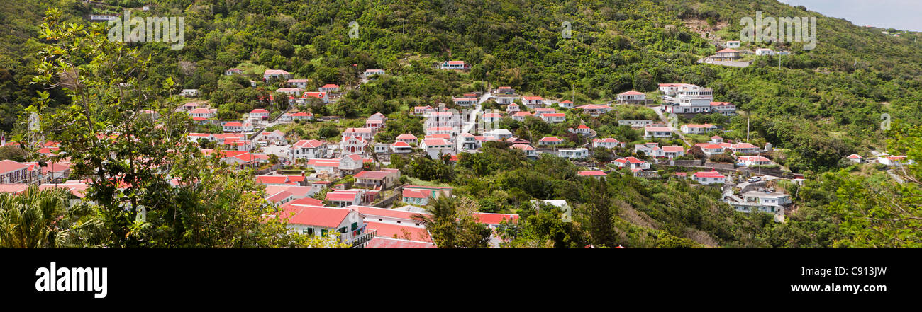 The Netherlands, Windwardside, Saba Island, Dutch Caribbean. Panoramic view on village. Stock Photo