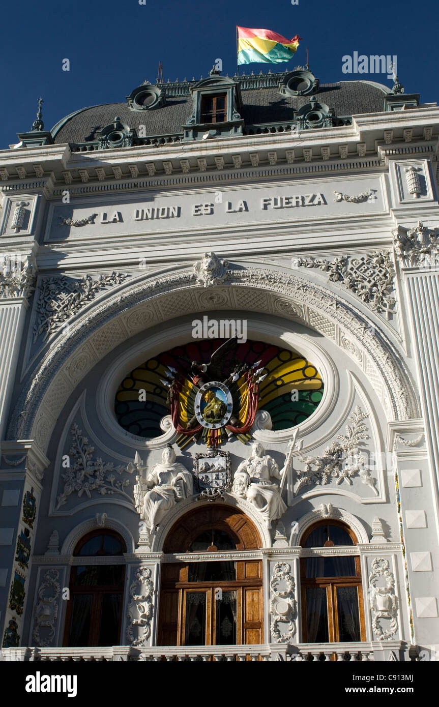 The ornate frontage of the town hall at Sucre, the official capital of Bolivia, and often called "the "White City". Stock Photo