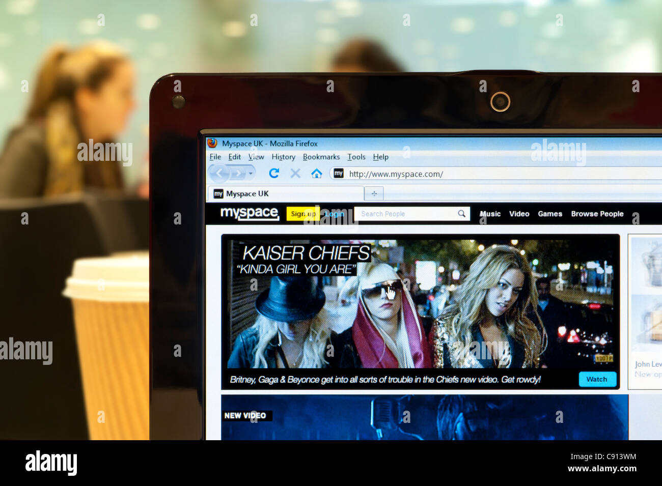 The MySpace website shot in a coffee shop environment (Editorial use only: print, TV, e-book and editorial website). Stock Photo