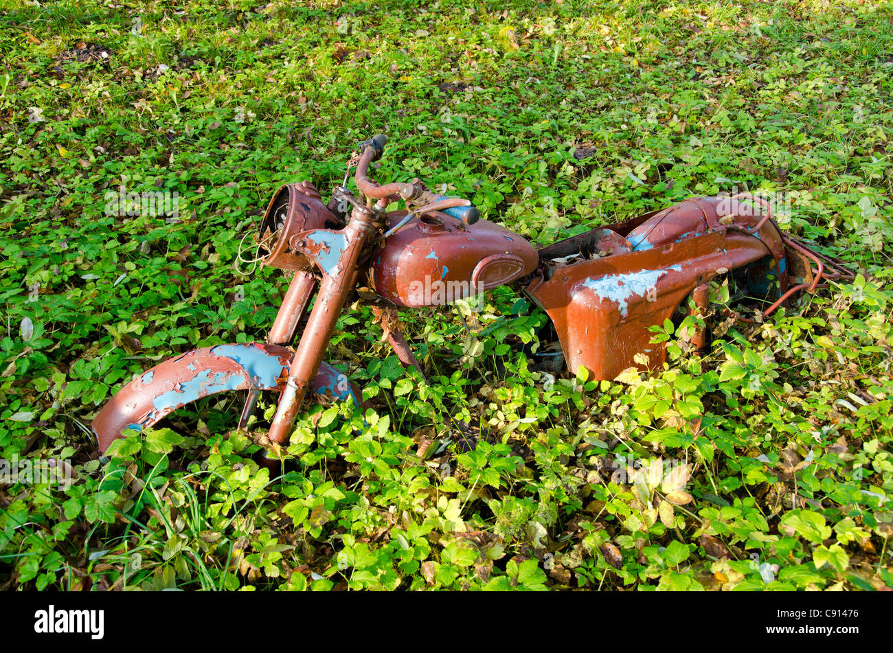 old and broken motorcycle in the autumn grass Stock Photo