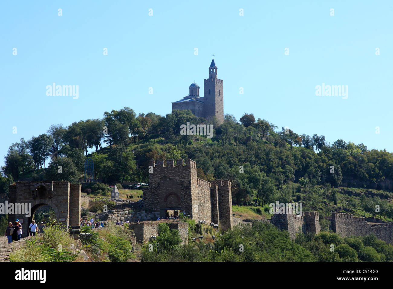 Veliko Tarnovo is the former Bulgarian capital city and the castle of Tsavarets has been reconstructed on the hilltop above the Stock Photo