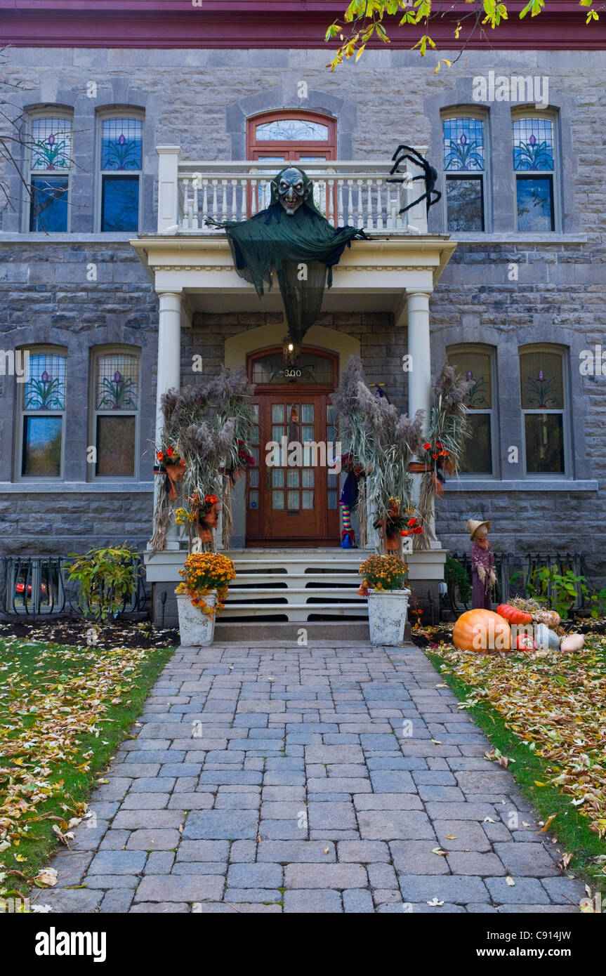 Halloween decorations on a house in Outremont area Montreal Canada Stock Photo