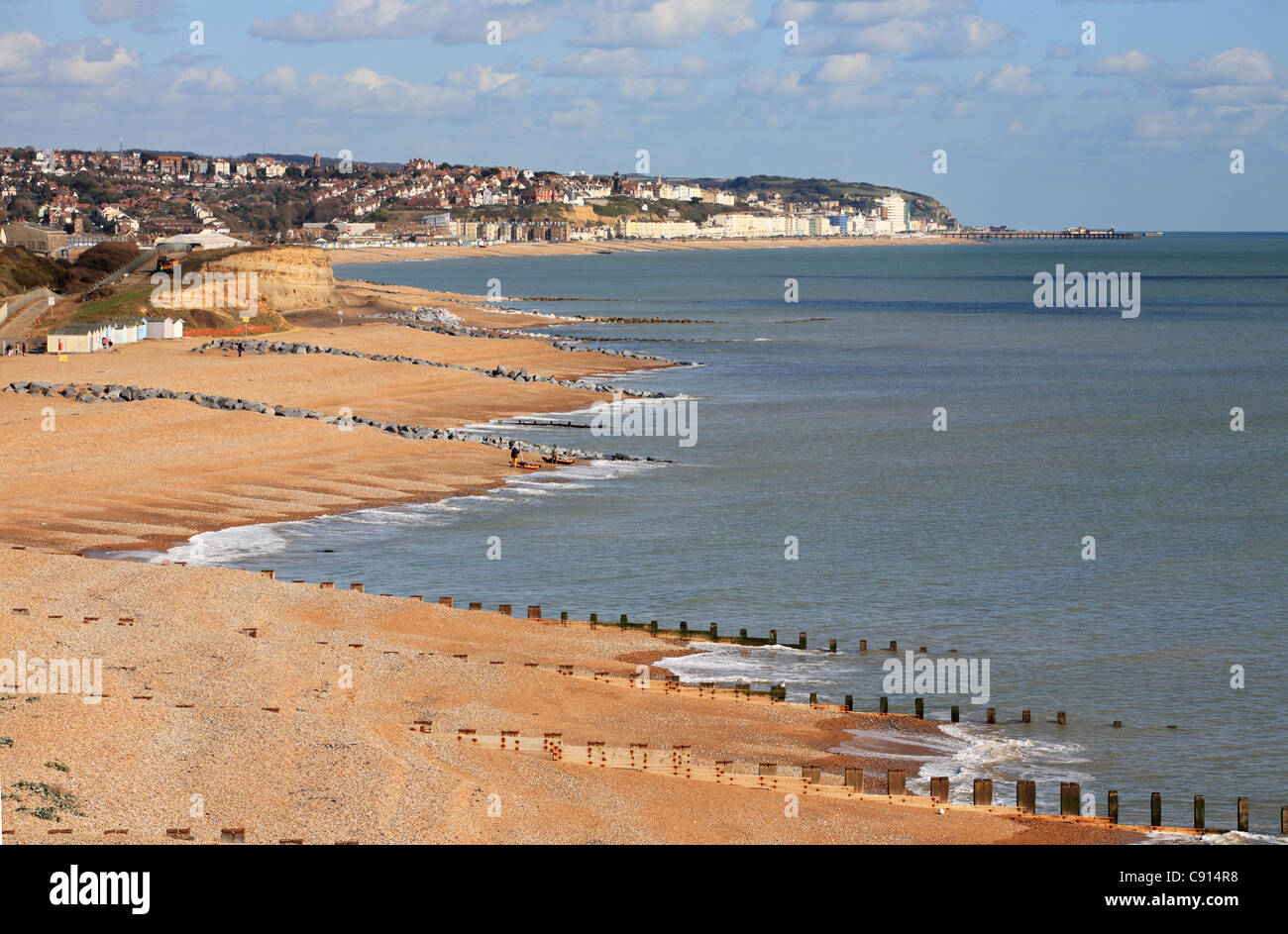 View of  beaches and towards St Leonards and Hastings town from Bexhill, East Sussex, South Coast, England, UK Stock Photo