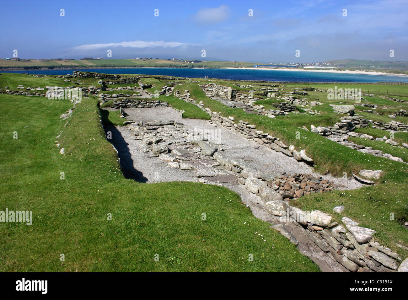The Viking longhouse at the famous prehistoric and Norse ancient site called Jalshof near Virkie in Shetland. The site Stock Photo