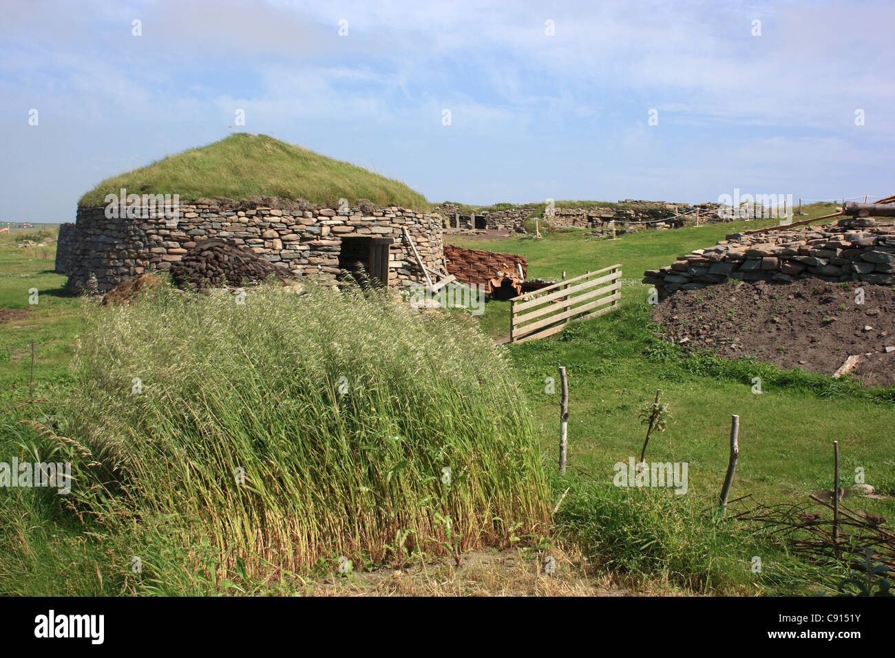 Old Scatness is an ancient site on mainland Shetland. The buildings were first discovered in 1975 and the site is now a visitor Stock Photo