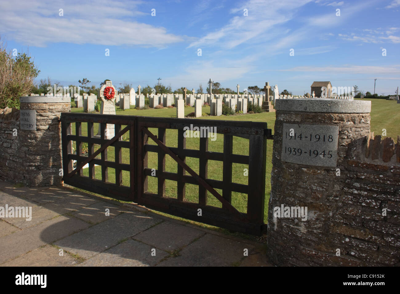 There is a Royal Naval Cemetery at Lyness. The cemetery was begun in 1915 when Scapa Flow was the base of the Grand Fleet. Stock Photo