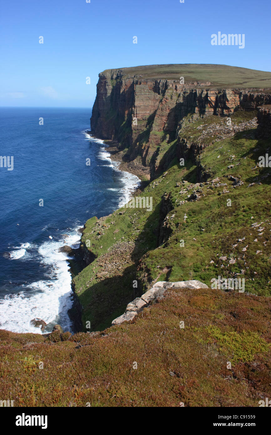 Hoy is the second largest island in Orkney. St John's Head is the highest vertical sea cliff in Britain. Stock Photo
