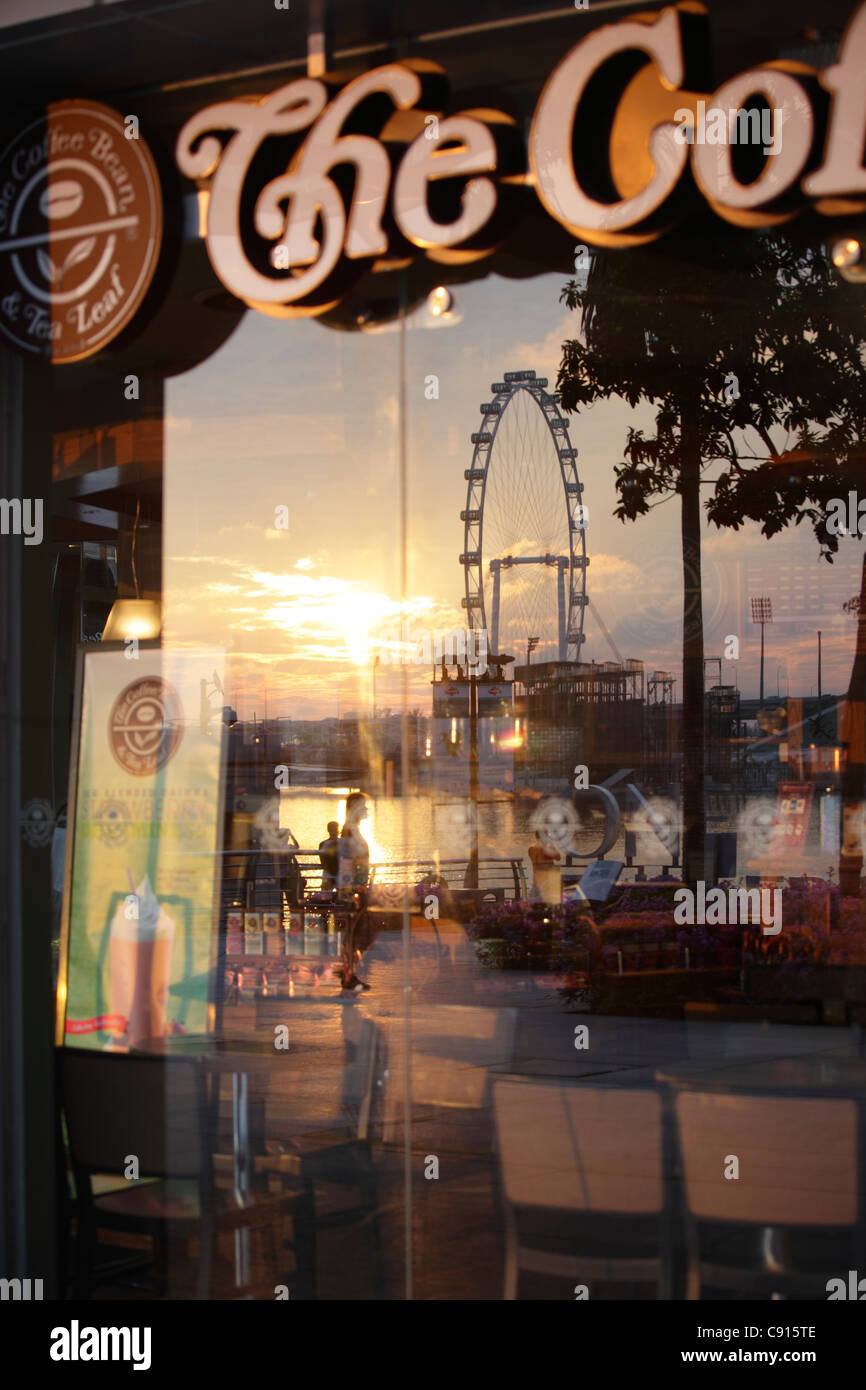 Singapore Flyer reflected in a Coffee window, Singapore Stock Photo