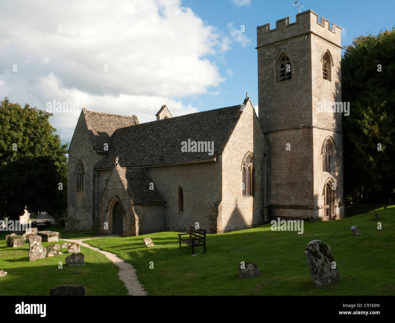 The parish church of St. Nicholas in Asthal village is near the childhood home of the Mitford sisters, Asthall manor. Stock Photo