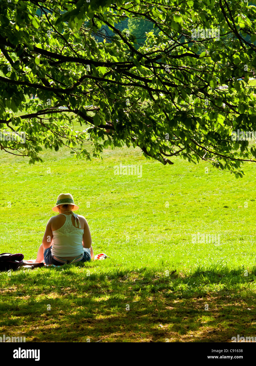 Woman relaxing under a tree on a bright sunny day on Hampstead Heath north London England UK Stock Photo