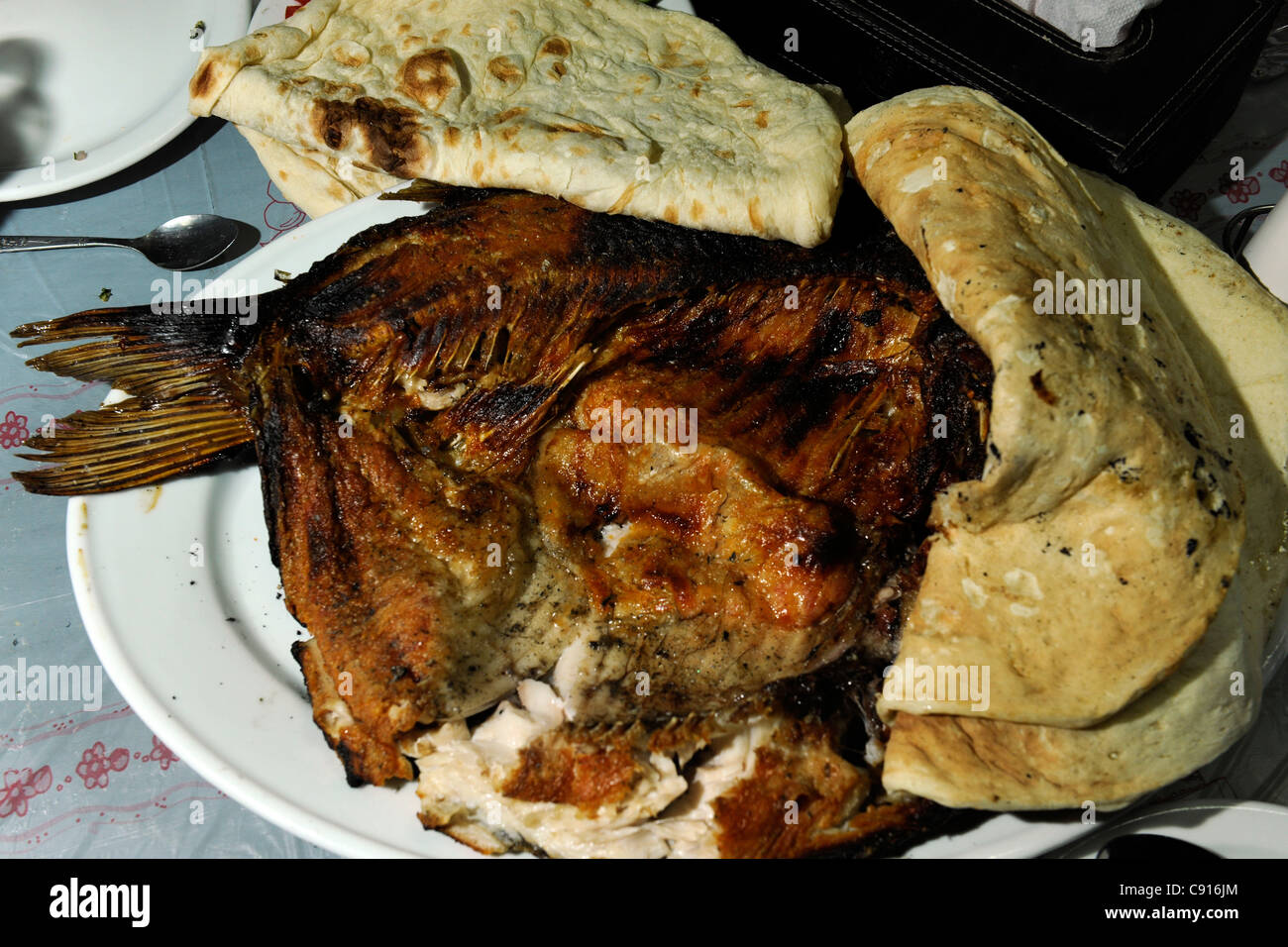 Iraq, Baghdad, Masgouf a Baghdadi fish speciality served in a row of