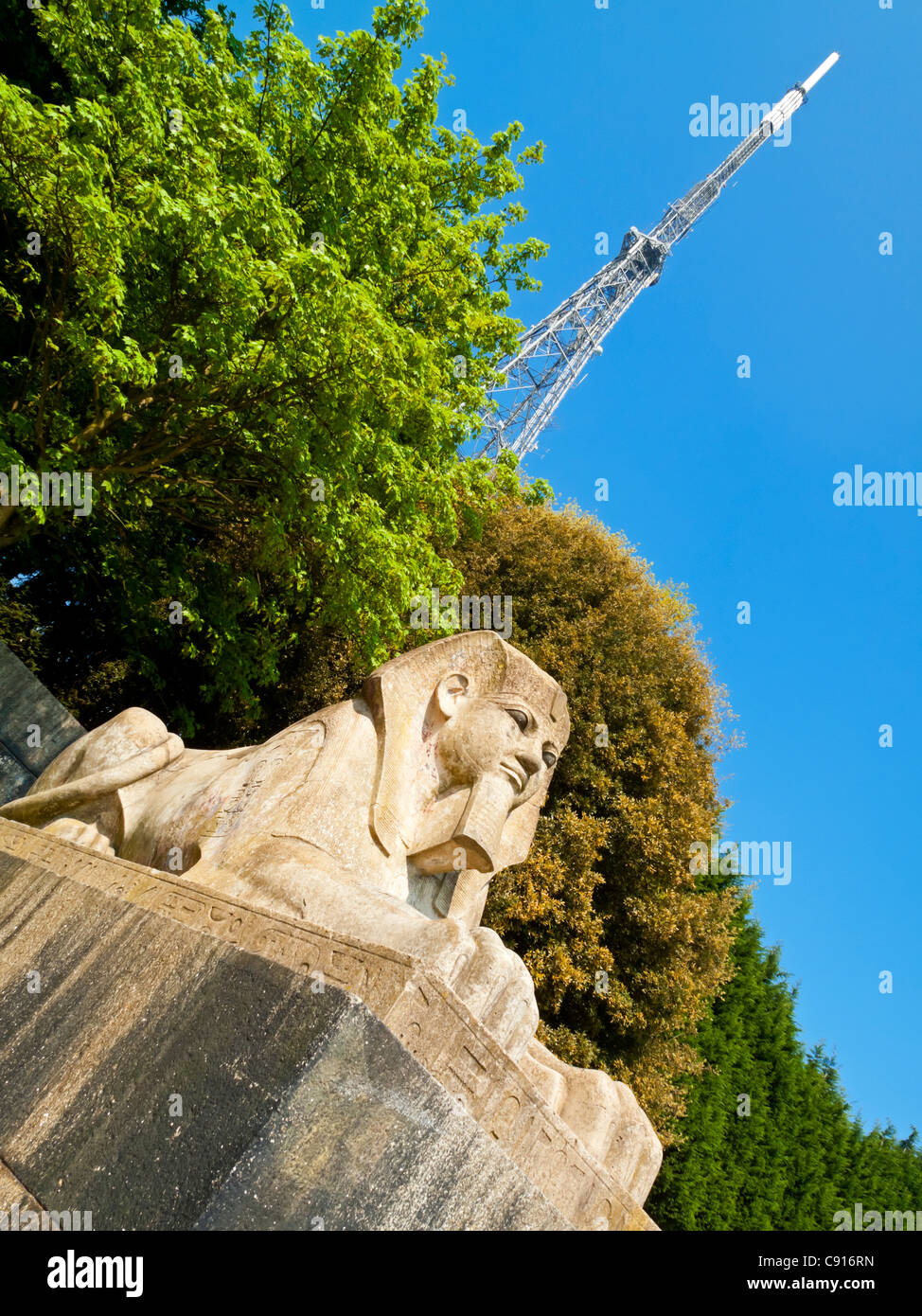 Stone sphinx and TV mast in Crystal Palace Park south London UK on the site of building used for the Great Exhibition of 1851 Stock Photo