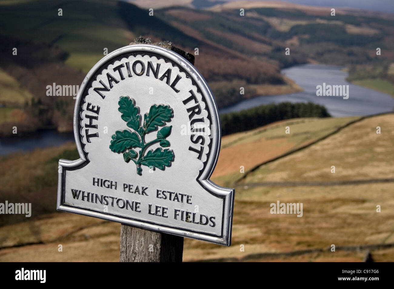 There are National Trust trails in the Peak District National Park overlooking the Ladybower Dam from the High Peak Estate at Stock Photo