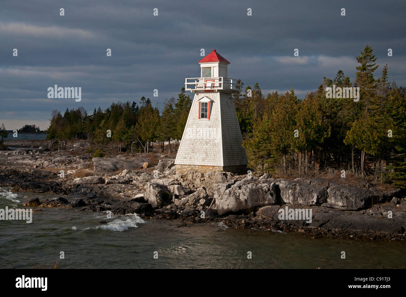 A ray of sunlight strikes the lighthouse at South Baymouth, Manitoulin