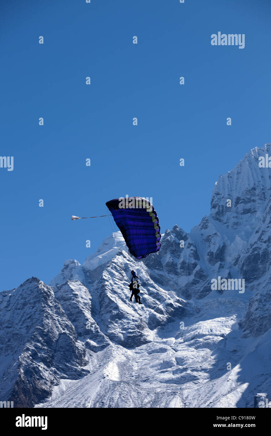 Tandem Parachute flying over mountains, Sagarmatha National Park, Nepal