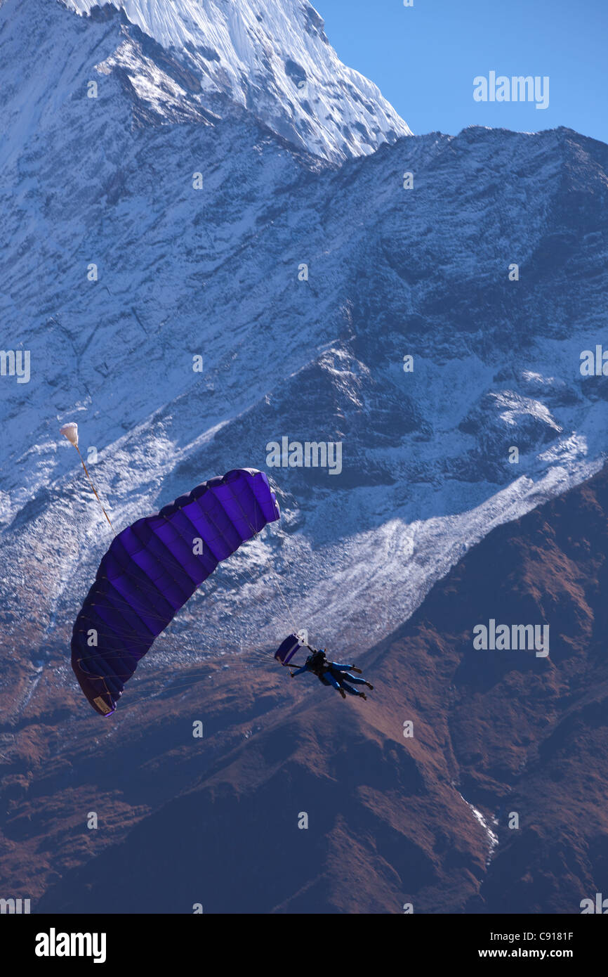 Tandem Parachute flying over mountains, Sagarmatha National Park, Nepal