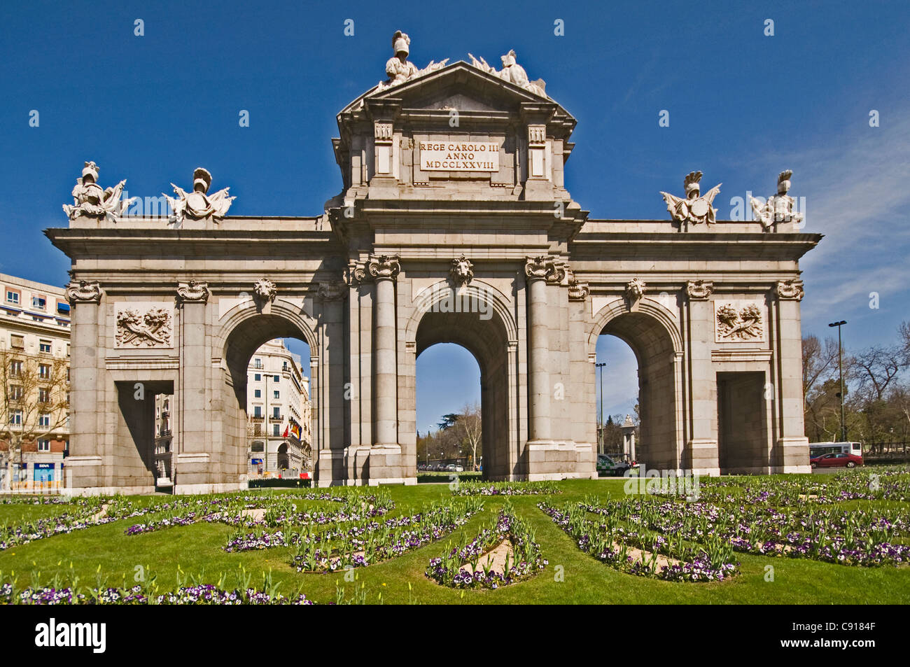 The Puerta de Alcala is a neoclassical monument in the Plaza Independencia. Stock Photo